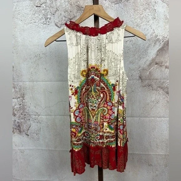 NWT BILA boho ruffled hem tank top size S hippie paisley tassel tie folk shirt ! - Picture 6 of 6